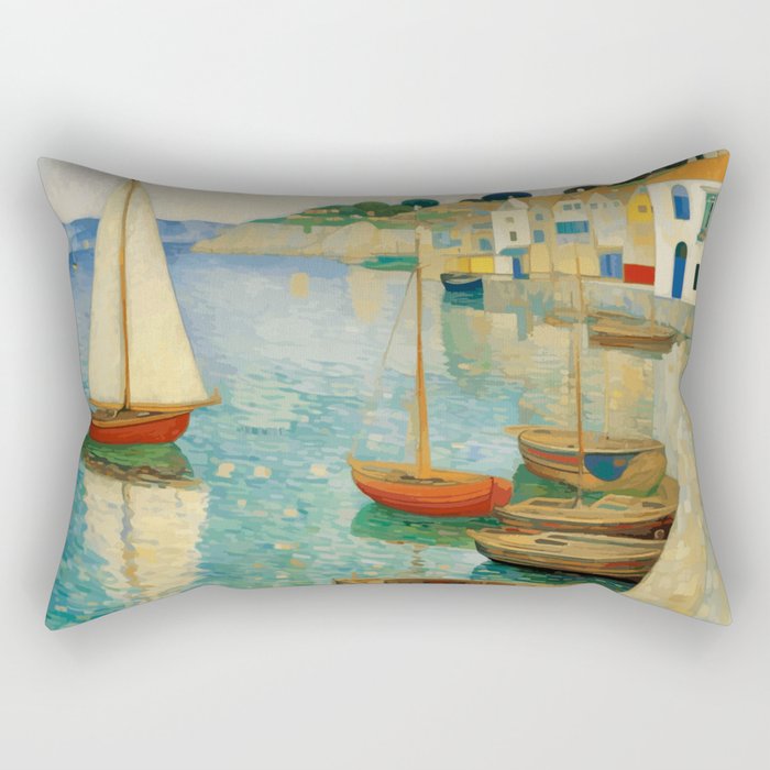 Boats in Harbor Impressionist Landscape Painting Rectangular Pillow Gallery Image 2
