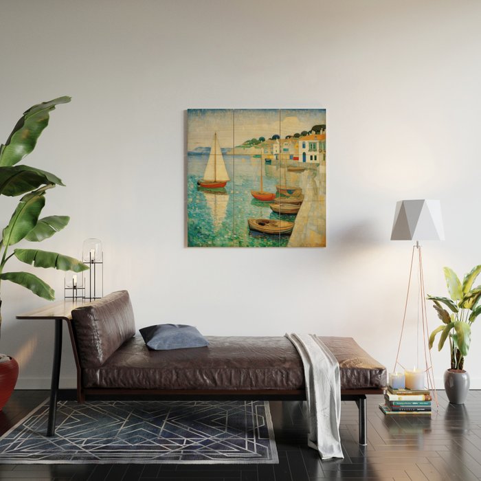 Boats in Harbor Impressionist Landscape Painting Wood Wall Art Gallery Image 2