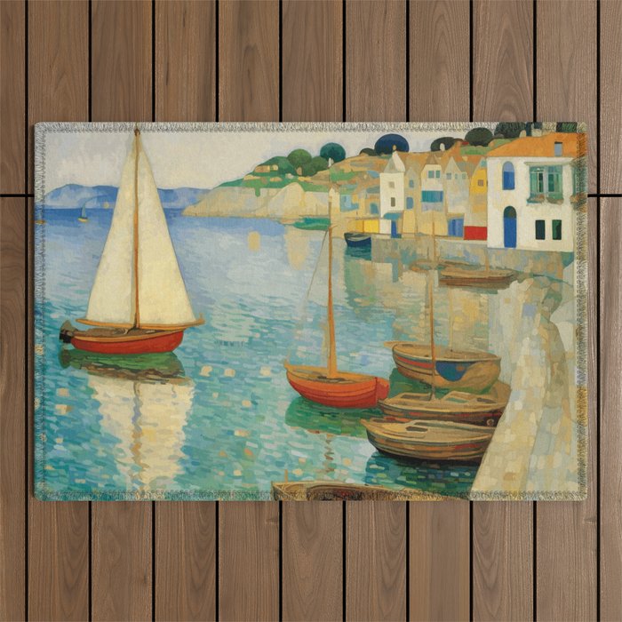 Boats in Harbor Impressionist Landscape Painting Outdoor Rug Gallery Image 1
