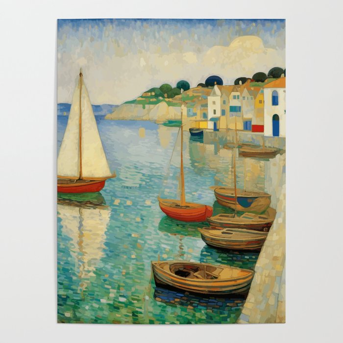 Boats in Harbor Impressionist Landscape Painting Poster Gallery Image 1