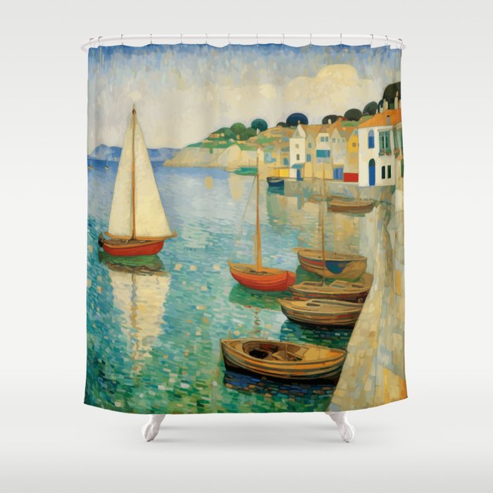 Boats in Harbor Impressionist Landscape Painting Shower Curtain Gallery Image 1