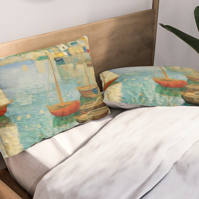 Boats in Harbor Impressionist Landscape Painting Pillow Sham Gallery Image 2