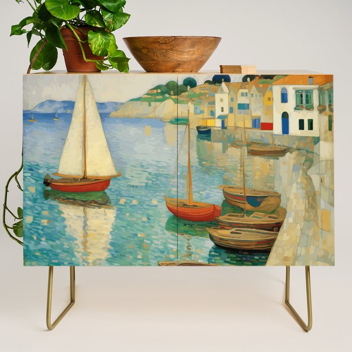 Boats in Harbor Impressionist Landscape Painting Credenza Gallery Image 1
