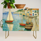 Boats in Harbor Impressionist Landscape Painting Credenza Gallery Image 1