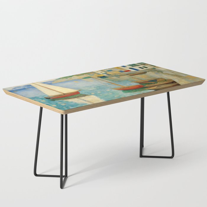 Boats in Harbor Impressionist Landscape Painting Coffee Table Gallery Image 1