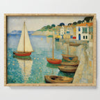Boats in Harbor Impressionist Landscape Painting Serving Tray Gallery Image 1