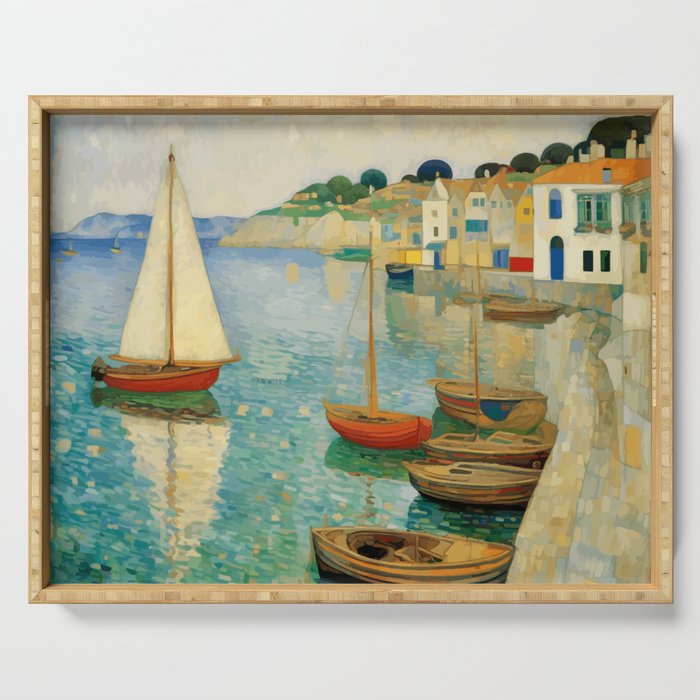 Boats in Harbor Impressionist Landscape Painting Serving Tray Gallery Image 1