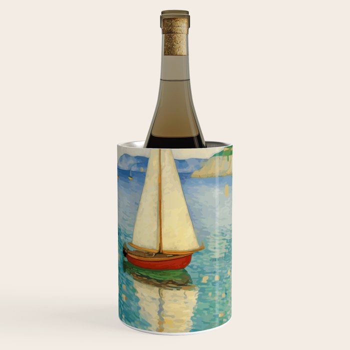 Boats in Harbor Impressionist Landscape Painting Wine Chiller Gallery Image 2