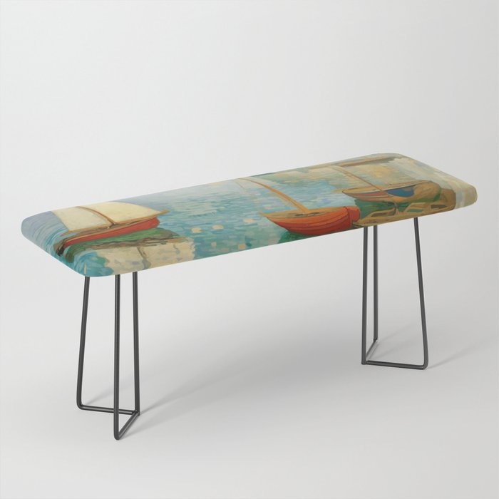 Boats In Harbor Impressionist Landscape Painting Bench