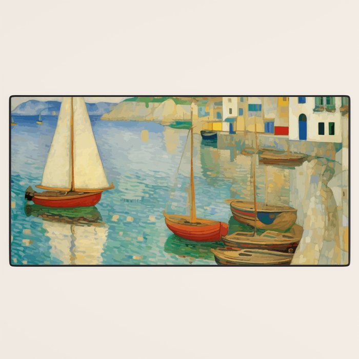 Boats in Harbor Impressionist Landscape Painting Desk Mat Gallery Image 3
