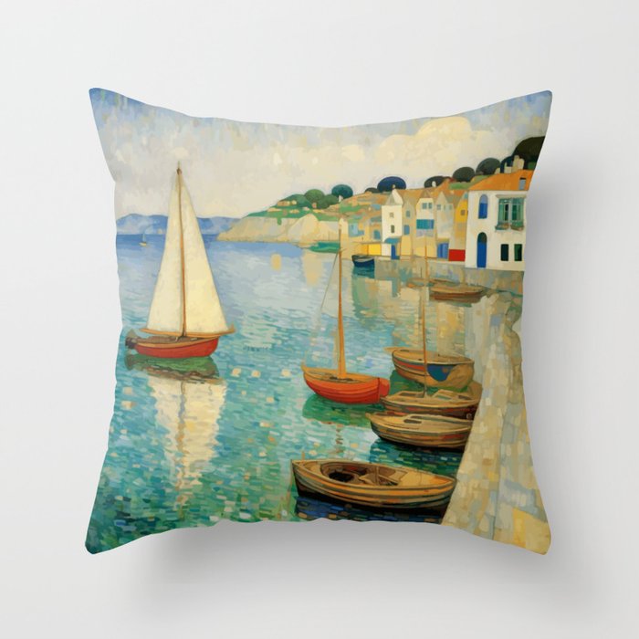 Boats in Harbor Impressionist Landscape Painting Throw Pillow Gallery Image 1