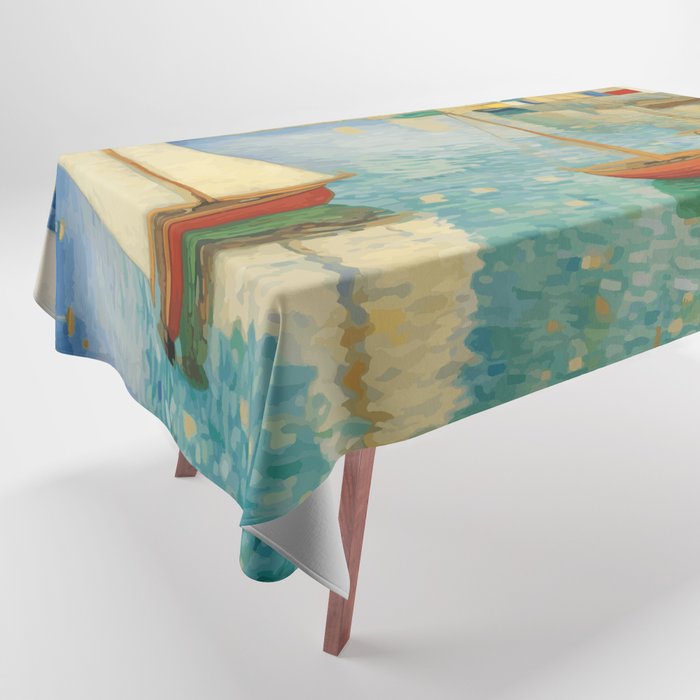 Boats in Harbor Impressionist Landscape Painting Tablecloth Gallery Image 1