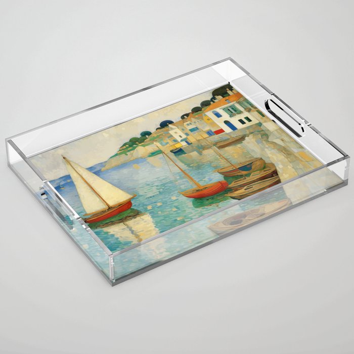 Boats in Harbor Impressionist Landscape Painting Acrylic Tray Gallery Image 1