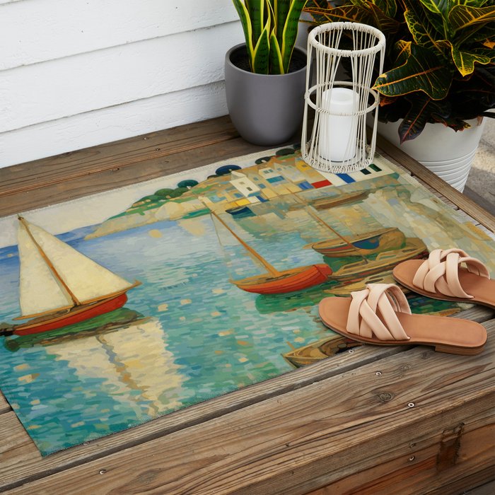 Boats in Harbor Impressionist Landscape Painting Outdoor Rug Gallery Image 2