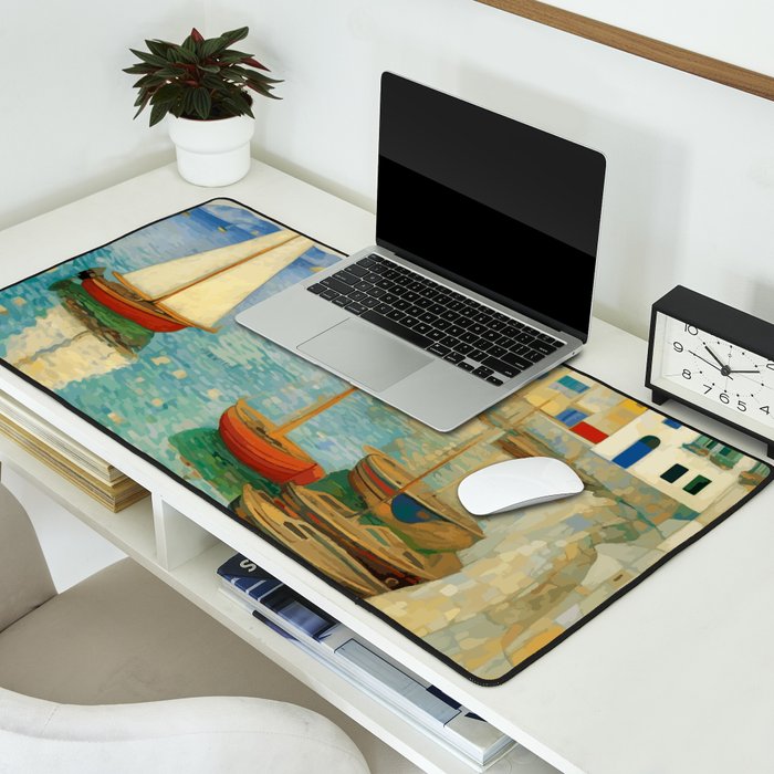 Boats in Harbor Impressionist Landscape Painting Desk Mat Gallery Image 2