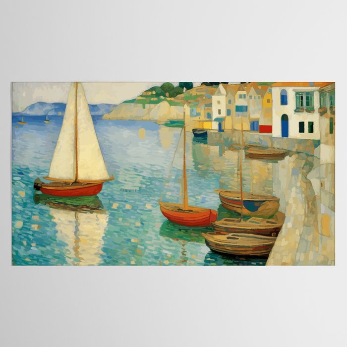 Boats in Harbor Impressionist Landscape Painting Tablecloth Gallery Image 2