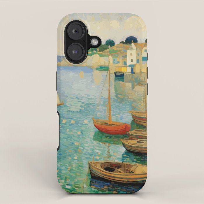 Boats in Harbor Impressionist Landscape Painting iPhone Case Gallery Image 1