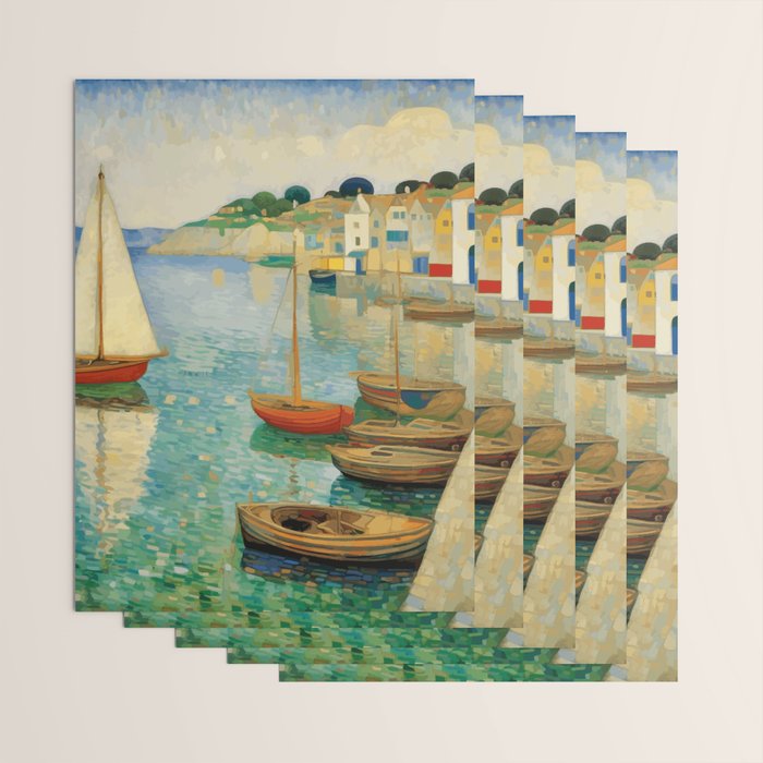 Boats in Harbor Impressionist Landscape Painting Wrapping Paper Gallery Image 3