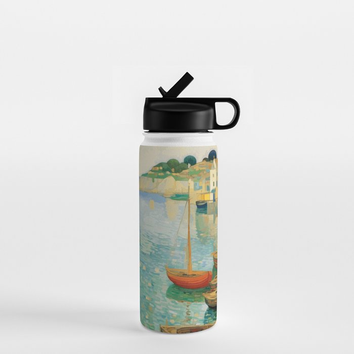 Boats in Harbor Impressionist Landscape Painting Water Bottle Gallery Image 1