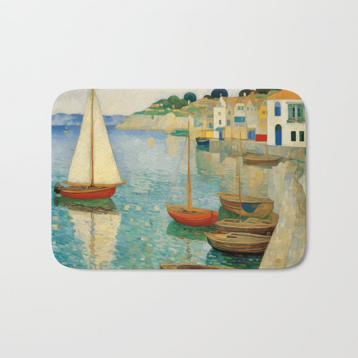 Boats in Harbor Impressionist Landscape Painting Bath Mat Gallery Image 1