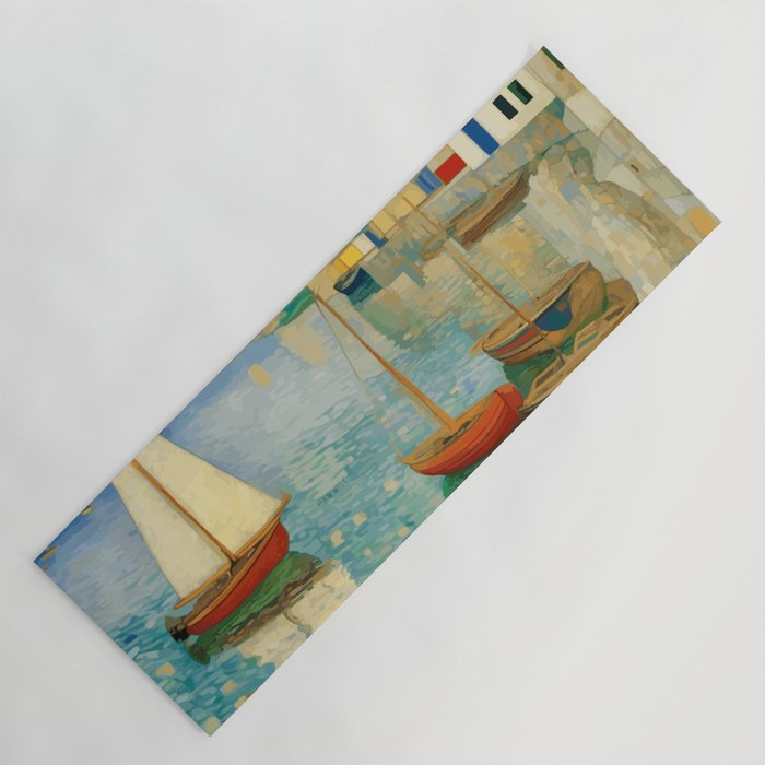 Boats in Harbor Impressionist Landscape Painting Yoga Mat Gallery Image 1