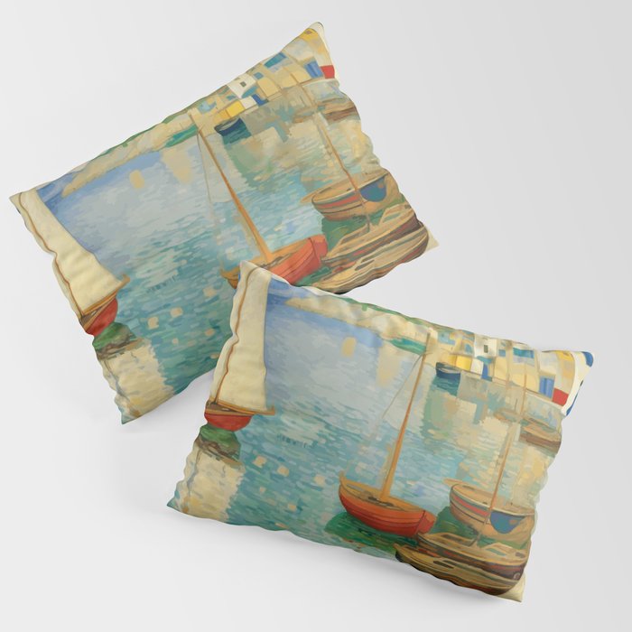 Boats in Harbor Impressionist Landscape Painting Pillow Sham Gallery Image 1