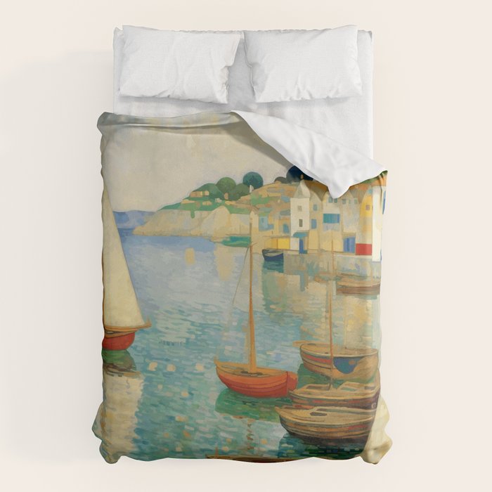 Boats in Harbor Impressionist Landscape Painting Duvet Cover Gallery Image 6