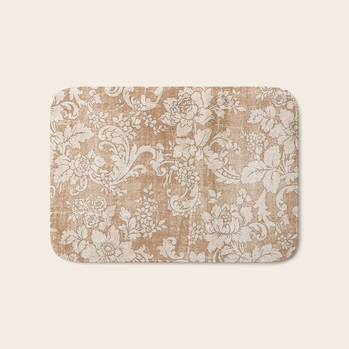 Vintage white brown grunge shabby floral Bath Mat Gallery Image 1