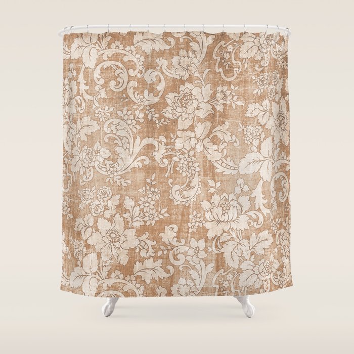 Vintage white brown grunge shabby floral Shower Curtain Gallery Image 1