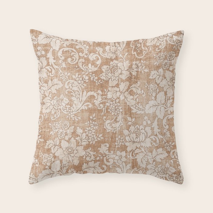 Vintage white brown grunge shabby floral Throw Pillow Gallery Image 1