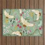 Chinoiserie Cranes on green birds vintage Outdoor Rug Gallery Image 1