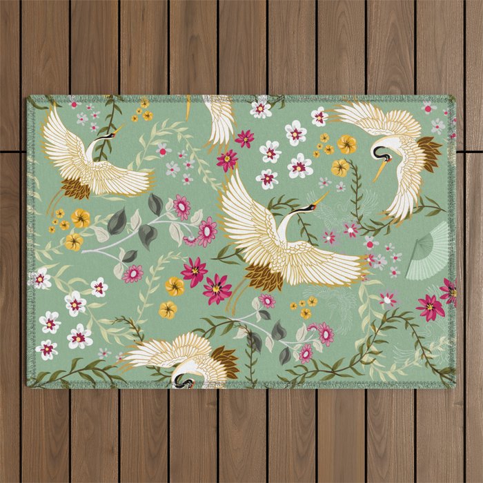 Chinoiserie Cranes on green birds vintage Outdoor Rug Gallery Image 1