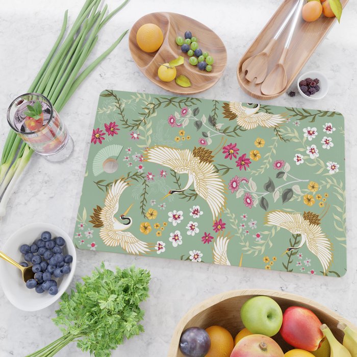 Chinoiserie Cranes on green birds vintage Cutting Board Gallery Image 2