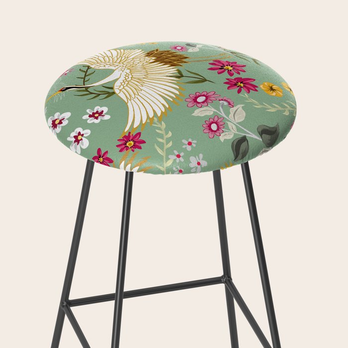 Chinoiserie Cranes on green birds vintage Stool Gallery Image 2