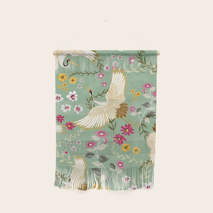 Chinoiserie Cranes on green birds vintage Wall Hanging Gallery Image 1