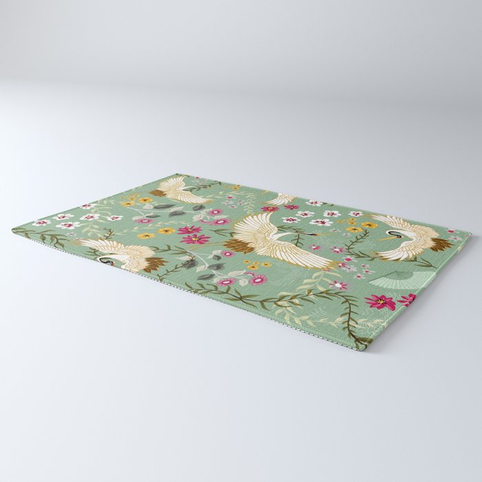 Chinoiserie Cranes on green birds vintage Rug Gallery Image 3