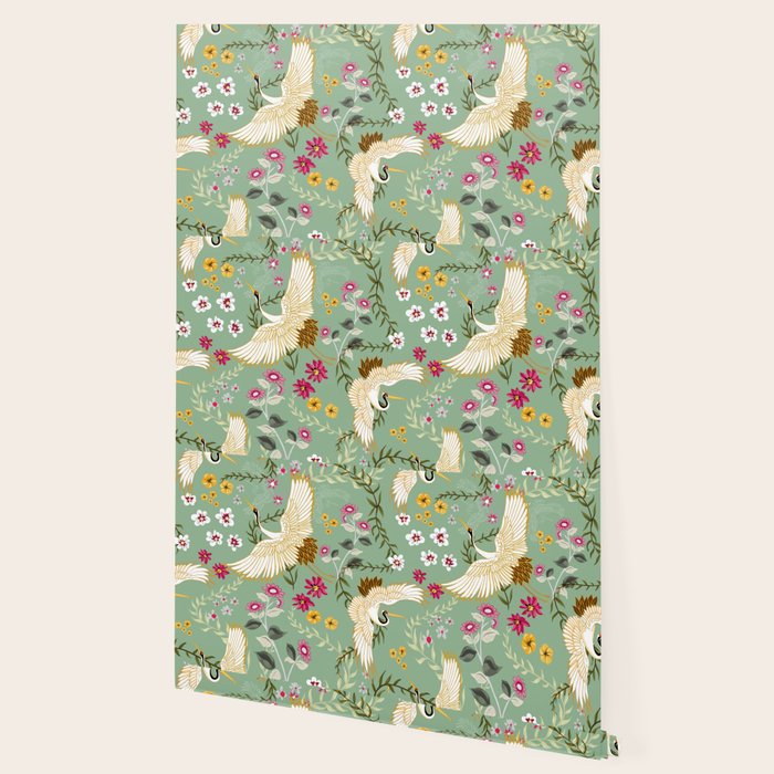 Chinoiserie Cranes on green birds vintage Wallpaper Gallery Image 2