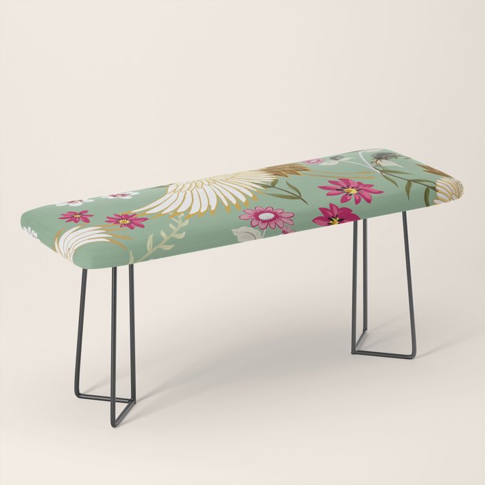 Chinoiserie Cranes on green birds vintage Bench Gallery Image 1