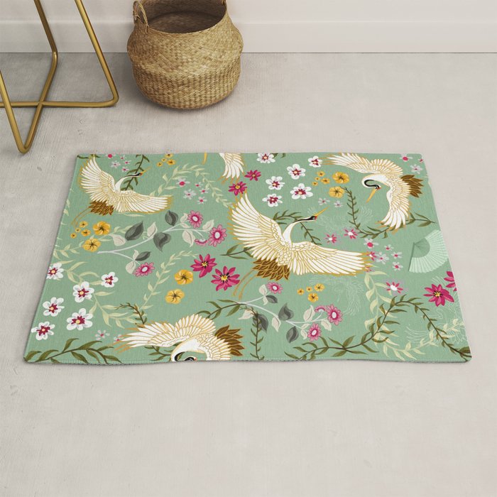 Chinoiserie Cranes on green birds vintage Rug Gallery Image 1