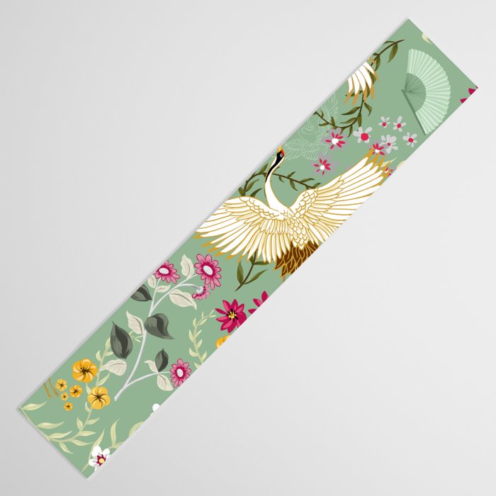 Chinoiserie Cranes on green birds vintage Table Runner Gallery Image 3