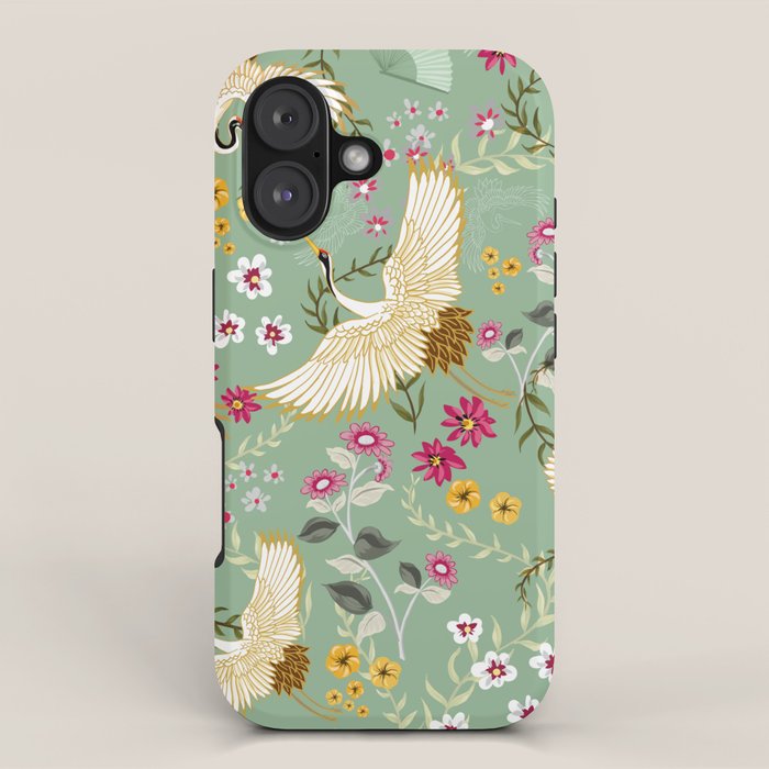 Chinoiserie Cranes on green birds vintage iPhone Case Gallery Image 1