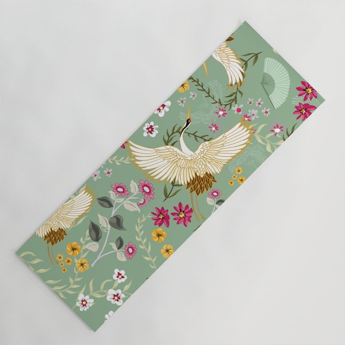 Chinoiserie Cranes on green birds vintage Yoga Mat Gallery Image 1