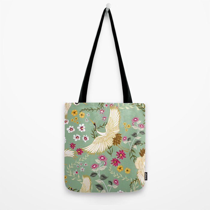 Chinoiserie Cranes on green birds vintage Tote Bag Gallery Image 2