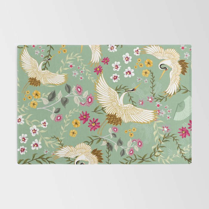 Chinoiserie Cranes on green birds vintage Rug Gallery Image 2