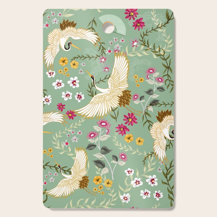 Chinoiserie Cranes on green birds vintage Cutting Board Gallery Image 1