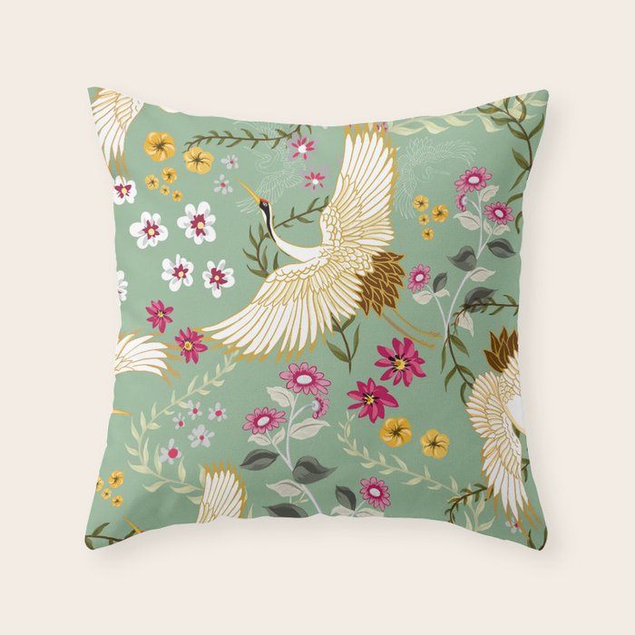 Chinoiserie Cranes on green birds vintage Throw Pillow Gallery Image 1
