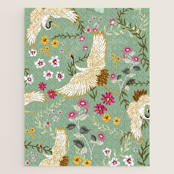 Chinoiserie Cranes on green birds vintage Jigsaw Puzzle Gallery Image 1