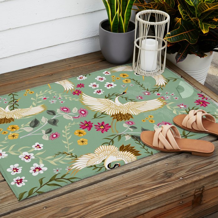 Chinoiserie Cranes on green birds vintage Outdoor Rug Gallery Image 2