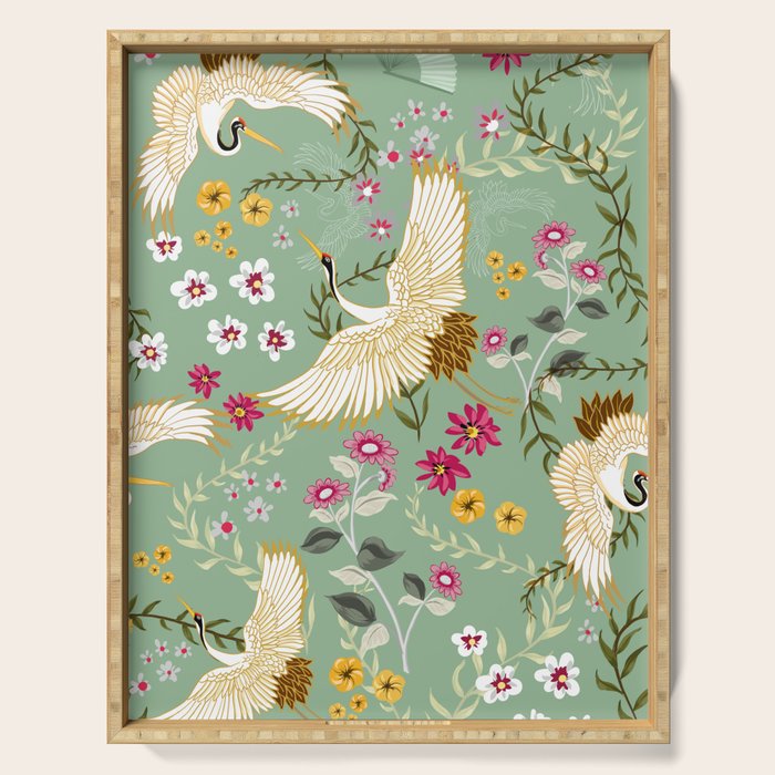 Chinoiserie Cranes on green birds vintage Serving Tray Gallery Image 1