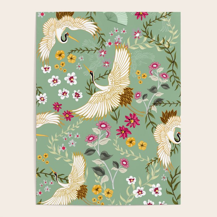 Chinoiserie Cranes on green birds vintage Poster Gallery Image 4